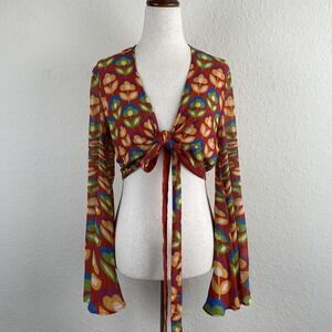 Badinka L Bell Sleeve Crop Top Tie Retro Floral Rave Festival Hippie Boho